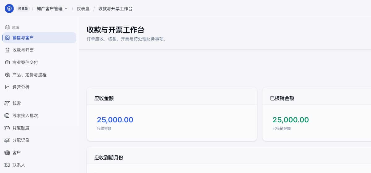 知识产权 CRM 收款与开票工作台实际界面